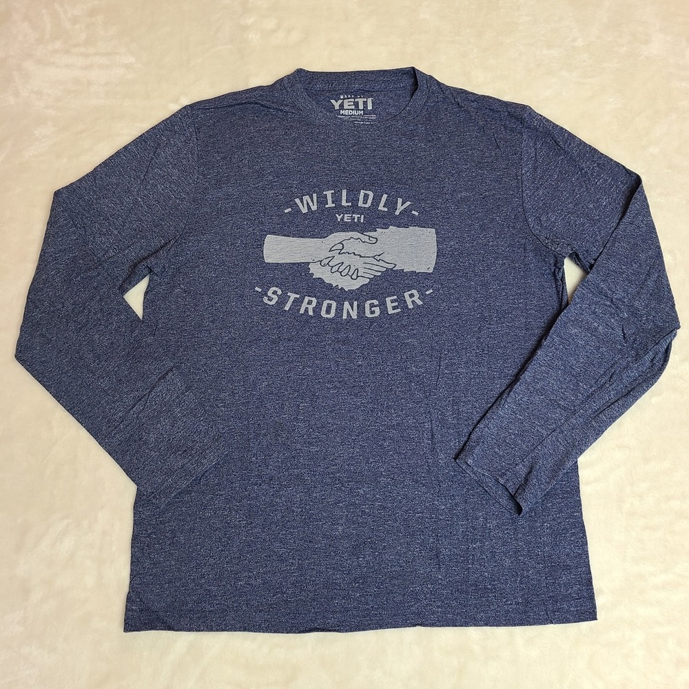 YETI Long Sleeve T-Shirt Mens Medium Blue Cooler Wildly Stronger Graphic Tee